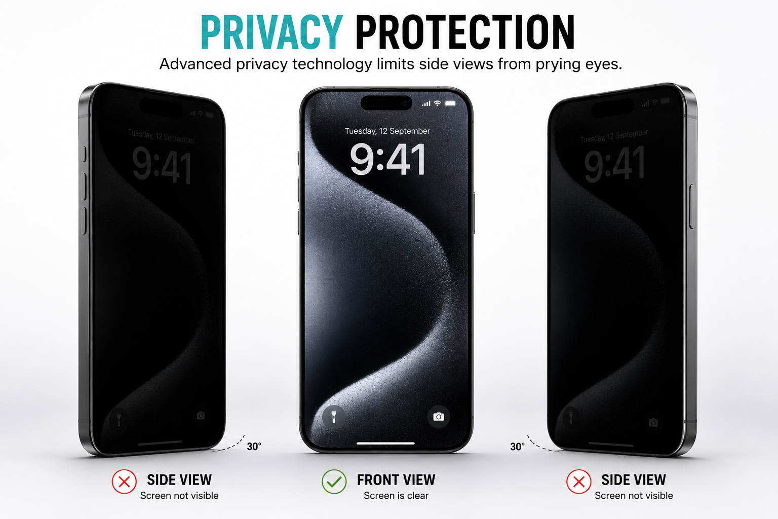 Privacy viewing demonstration of BitzShield Privacy Tempered Glass Screen Protector for iPhone 15 Pro Max