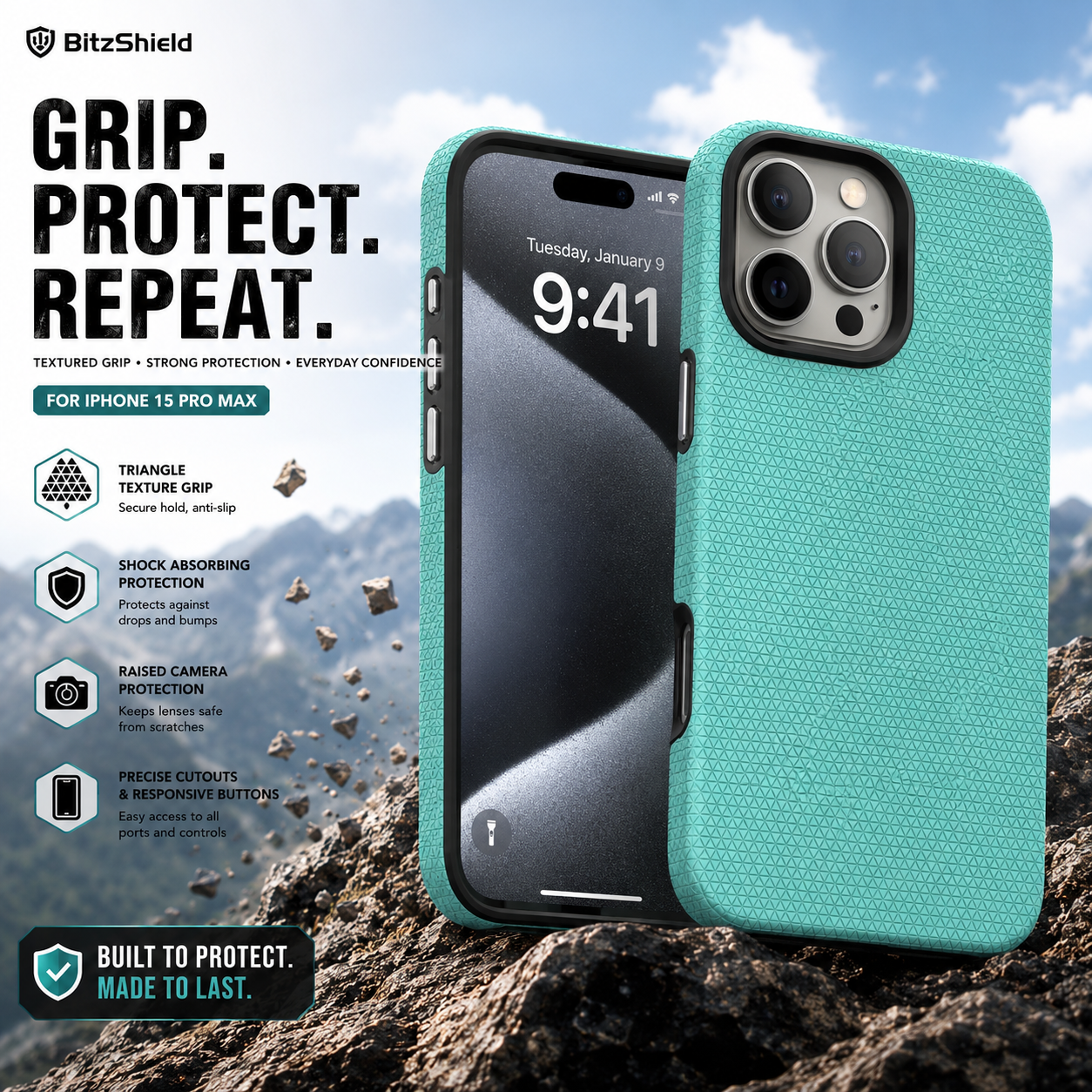 BitzShield Rugged Armor Case for iPhone 15 Pro Max with textured grip and shock protection