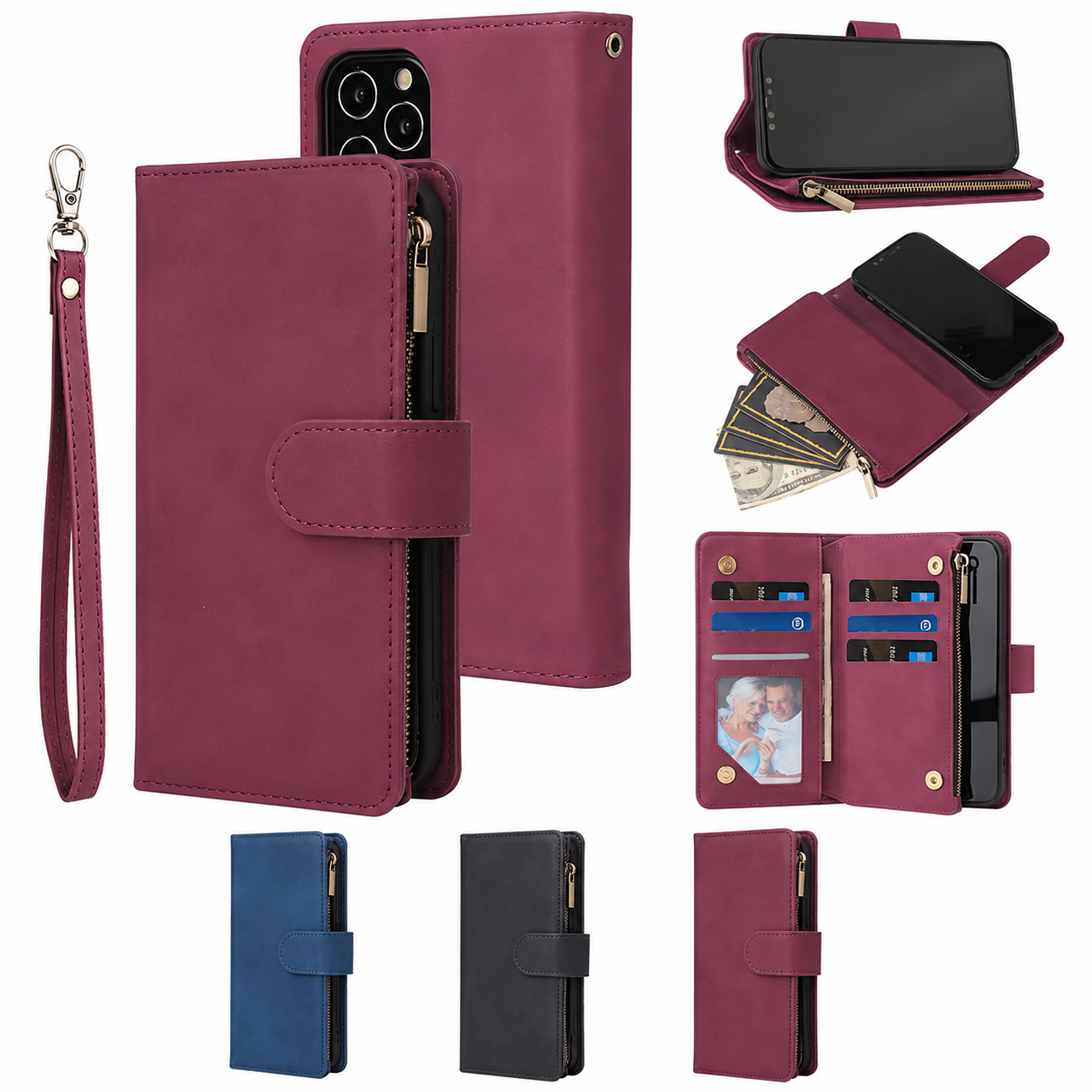 BitzShield Zip Wallet Series Case showing card slots, zippered storage compartment, wrist strap and stand function