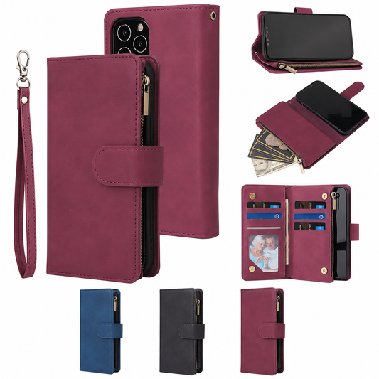 BitzShield Zip Wallet Series Case showing card slots, zippered storage compartment, wrist strap and stand function